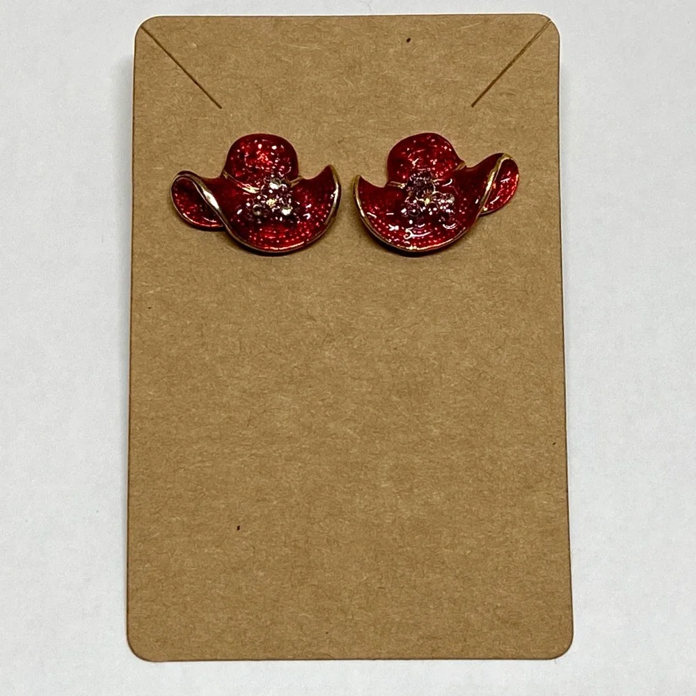 Vintage Red Hat Society Earrings Enameled Rhinestone Gold Tone Pierced Stud Post